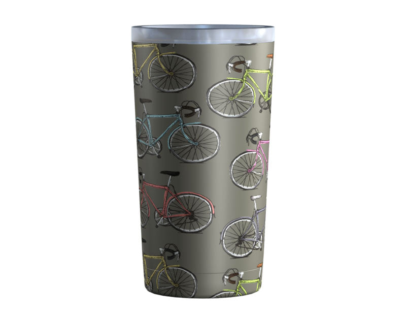 Stache tumbler covered in detailed, colorful bicycle illustrations